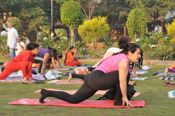 Group practicing Pranayama yoga breathing